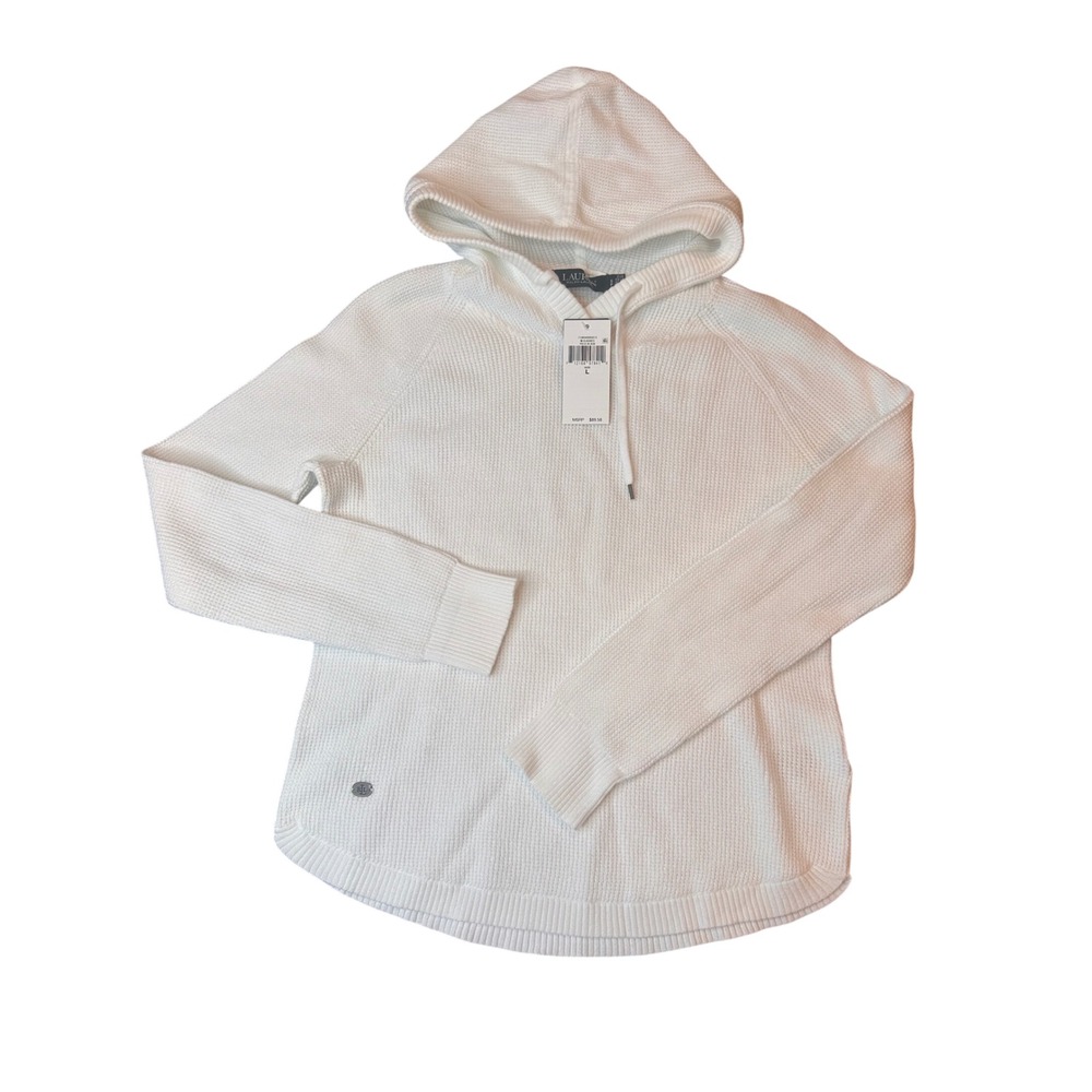Lauren Ralph Lauren S White Waffle Knit Cotton Hoodie Sweater Womens Small NEW